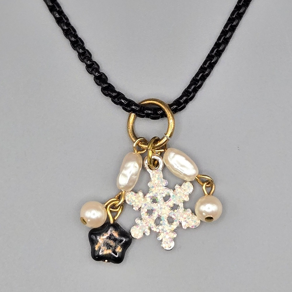 Black Enameled Steel Box Chain Necklace Snowflake Faux Pearl Star Charm Pendant‎